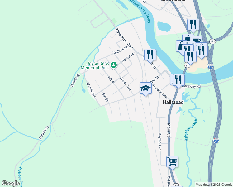 map of restaurants, bars, coffee shops, grocery stores, and more near 93 Prospect Street in Hallstead