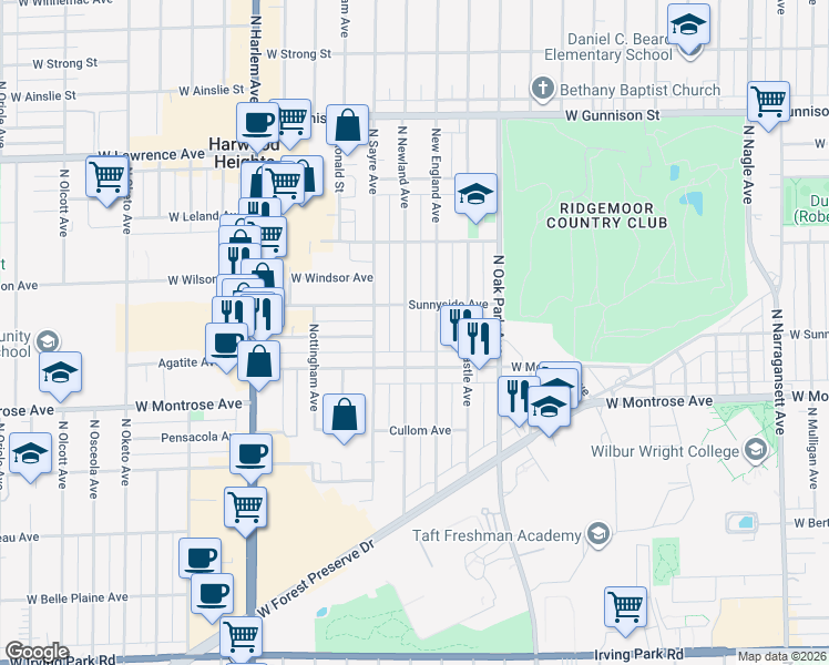 map of restaurants, bars, coffee shops, grocery stores, and more near 4449 North Newland Avenue in Harwood Heights