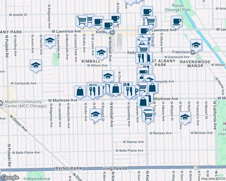 map of restaurants, bars, coffee shops, grocery stores, and more near 4431 North Kimball Avenue in Chicago