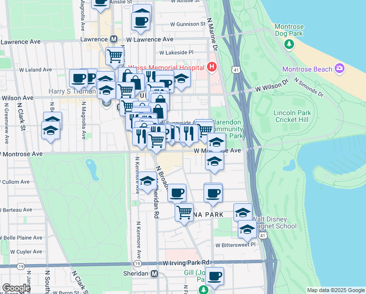 map of restaurants, bars, coffee shops, grocery stores, and more near 4405 North Hazel Street in Chicago