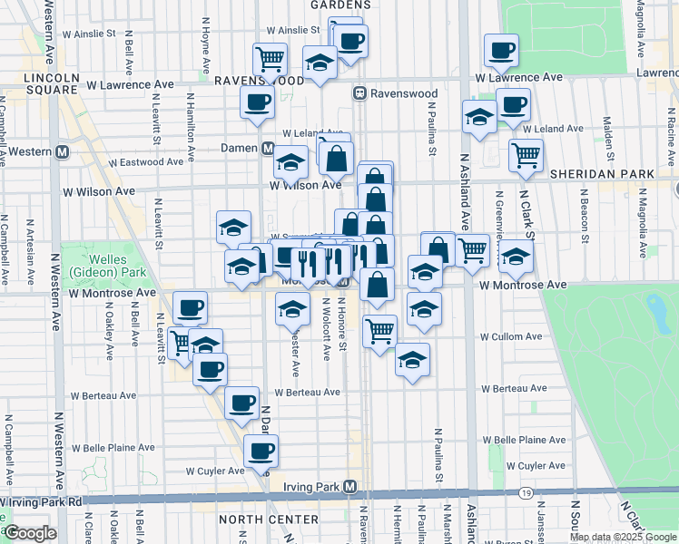 map of restaurants, bars, coffee shops, grocery stores, and more near 4432 North Ravenswood Avenue in Chicago