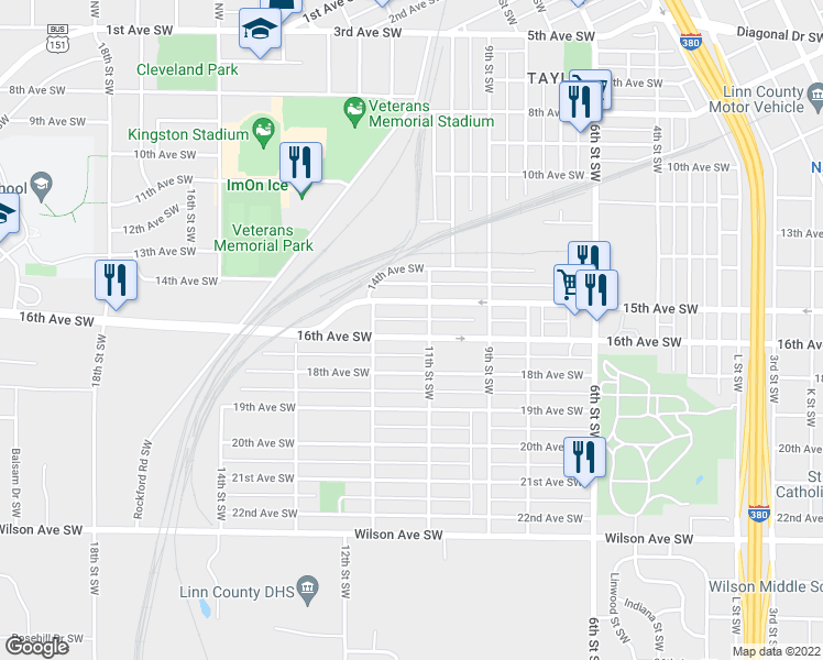 map of restaurants, bars, coffee shops, grocery stores, and more near 1116 16th Avenue Southwest in Cedar Rapids