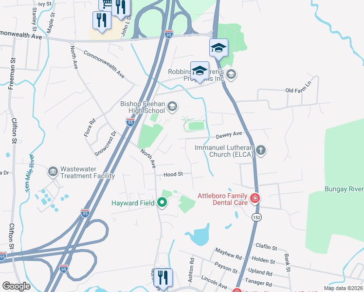 map of restaurants, bars, coffee shops, grocery stores, and more near 112 Dewey Avenue in Attleboro