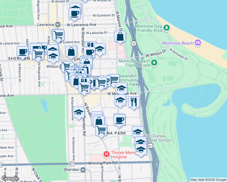 map of restaurants, bars, coffee shops, grocery stores, and more near 825 West Agatite Avenue in Chicago