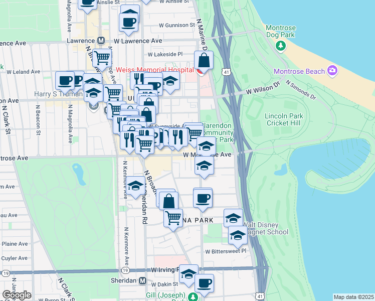 map of restaurants, bars, coffee shops, grocery stores, and more near 825 West Agatite Avenue in Chicago