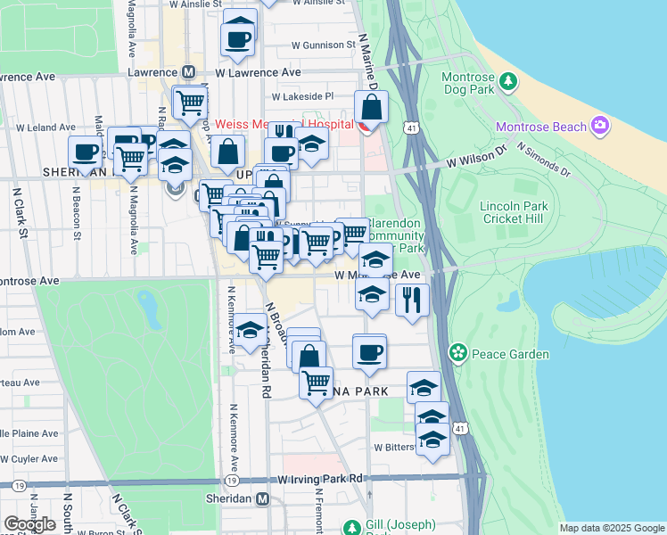 map of restaurants, bars, coffee shops, grocery stores, and more near 825 West Agatite Avenue in Chicago