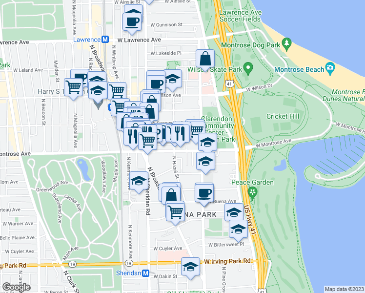 map of restaurants, bars, coffee shops, grocery stores, and more near 825 West Agatite Avenue in Chicago