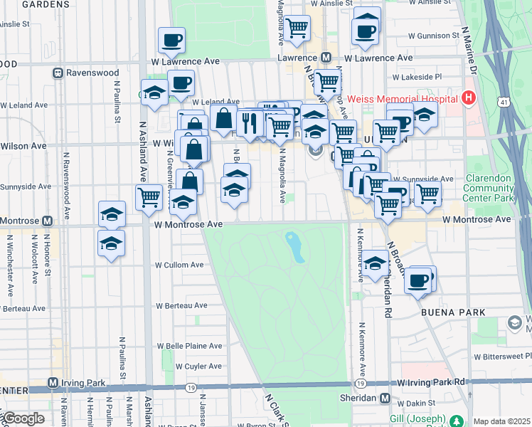 map of restaurants, bars, coffee shops, grocery stores, and more near 4424 North Magnolia Avenue in Chicago