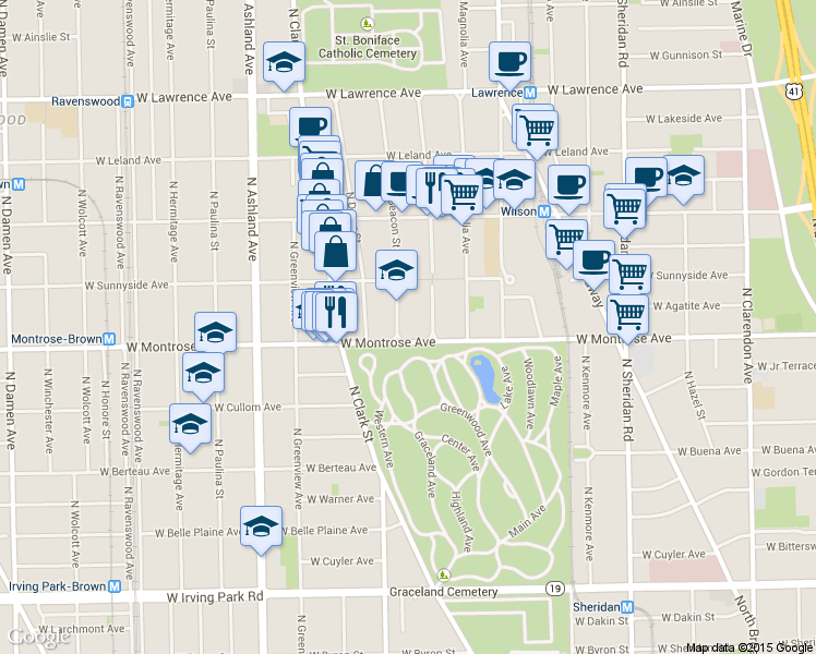 map of restaurants, bars, coffee shops, grocery stores, and more near 4426 North Malden Street in Chicago