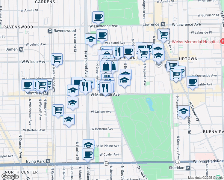 map of restaurants, bars, coffee shops, grocery stores, and more near 4415 North Clark Street in Chicago