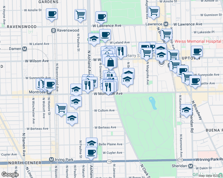map of restaurants, bars, coffee shops, grocery stores, and more near 4415 North Clark Street in Chicago