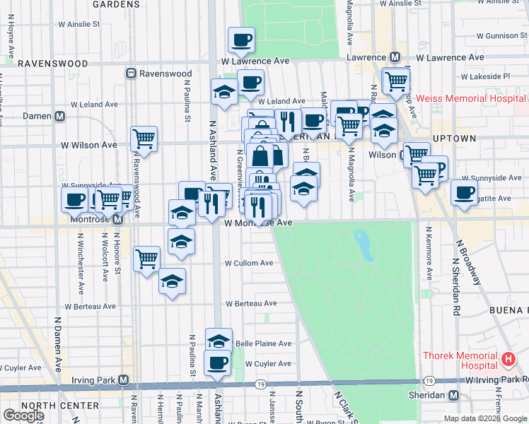 map of restaurants, bars, coffee shops, grocery stores, and more near 4415 North Clark Street in Chicago