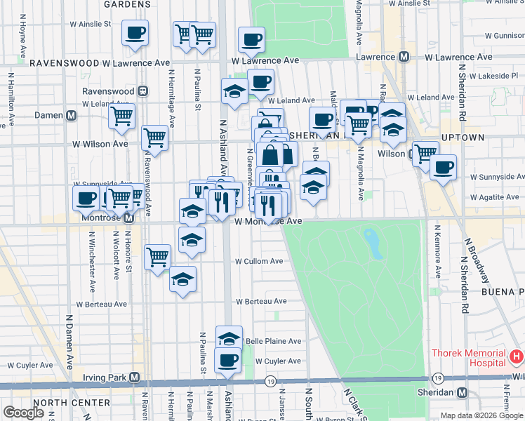 map of restaurants, bars, coffee shops, grocery stores, and more near 4423 North Greenview Avenue in Chicago