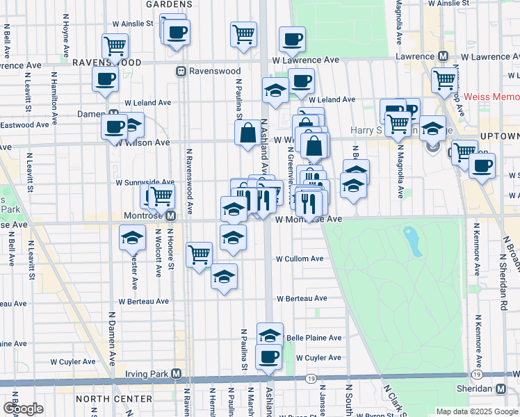 map of restaurants, bars, coffee shops, grocery stores, and more near 4433 North Ashland Avenue in Chicago