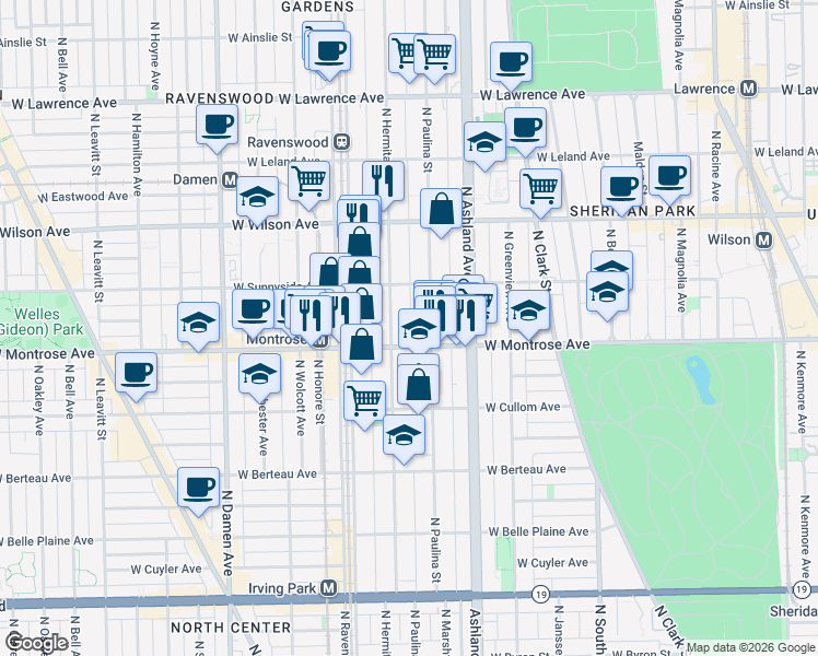 map of restaurants, bars, coffee shops, grocery stores, and more near 4431 North Hermitage Avenue in Chicago