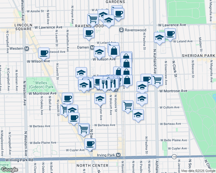 map of restaurants, bars, coffee shops, grocery stores, and more near 4432 North Wolcott Avenue in Chicago