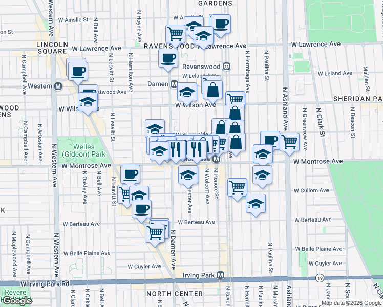 map of restaurants, bars, coffee shops, grocery stores, and more near 4430 North Winchester Avenue in Chicago