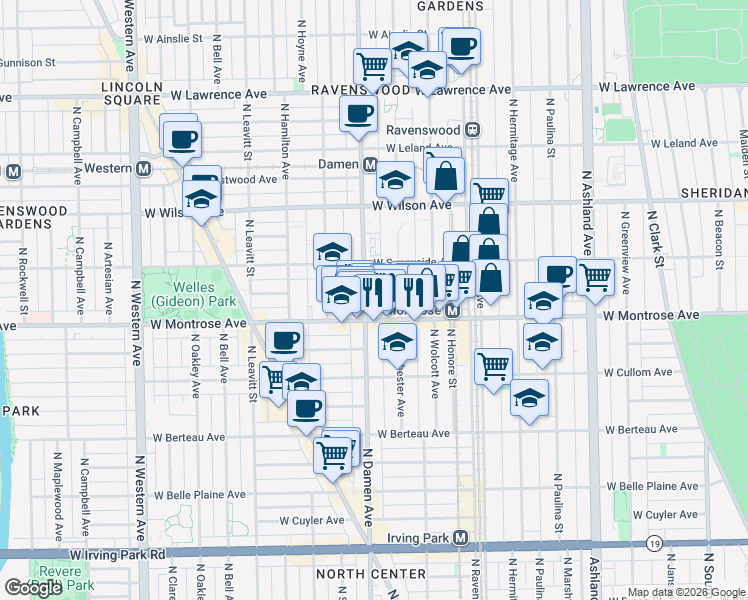 map of restaurants, bars, coffee shops, grocery stores, and more near 4430 North Winchester Avenue in Chicago
