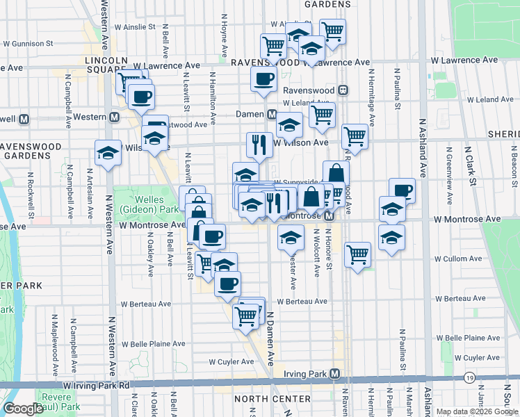 map of restaurants, bars, coffee shops, grocery stores, and more near 4432 North Damen Avenue in Chicago