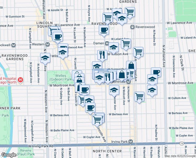 map of restaurants, bars, coffee shops, grocery stores, and more near 4432 North Damen Avenue in Chicago