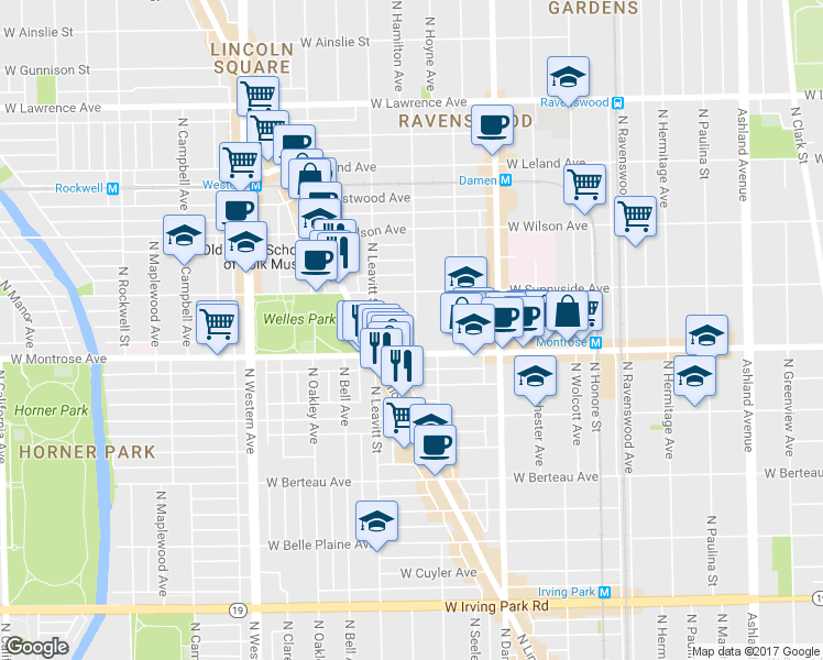 map of restaurants, bars, coffee shops, grocery stores, and more near 2126 West Agatite Avenue in Chicago