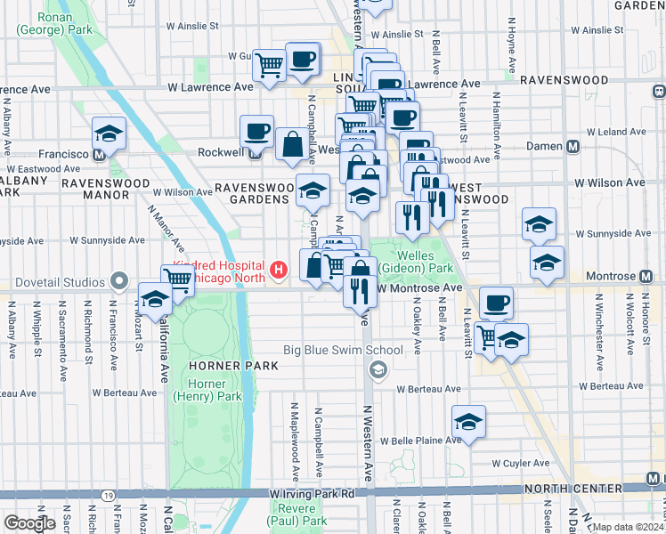 map of restaurants, bars, coffee shops, grocery stores, and more near 4438 North Artesian Avenue in Chicago