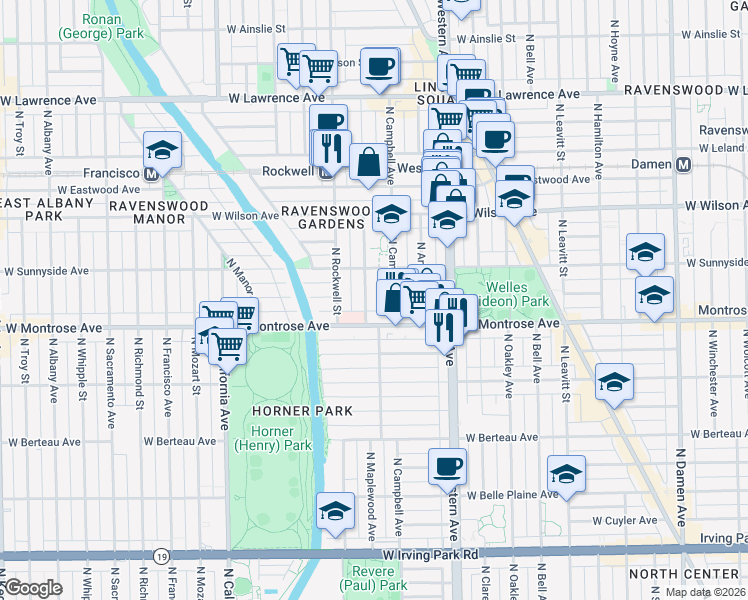 map of restaurants, bars, coffee shops, grocery stores, and more near 4440 North Campbell Avenue in Chicago