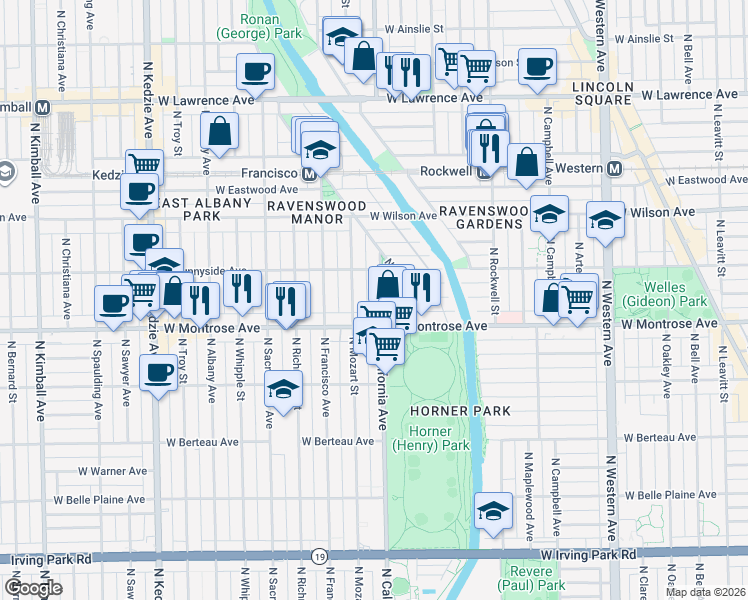 map of restaurants, bars, coffee shops, grocery stores, and more near 4442 North California Avenue in Chicago