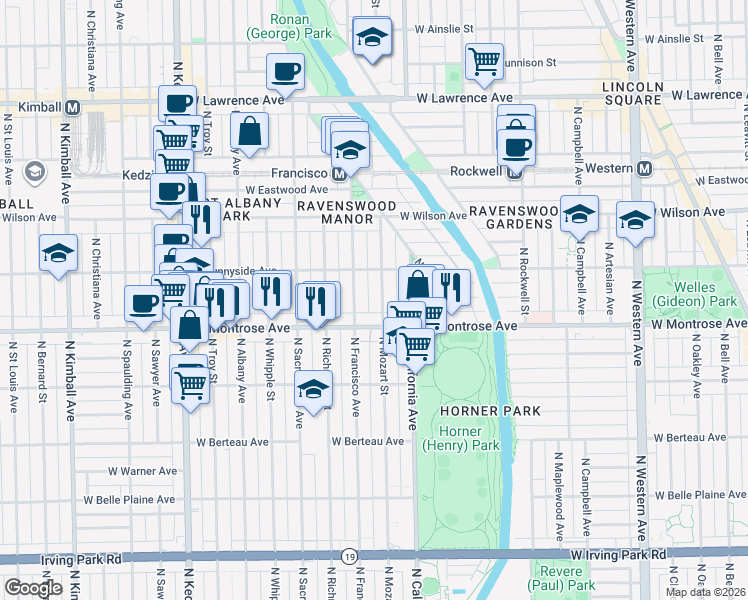 map of restaurants, bars, coffee shops, grocery stores, and more near 4439 North Francisco Avenue in Chicago
