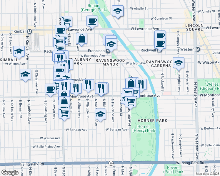 map of restaurants, bars, coffee shops, grocery stores, and more near 4443 North Richmond Street in Chicago