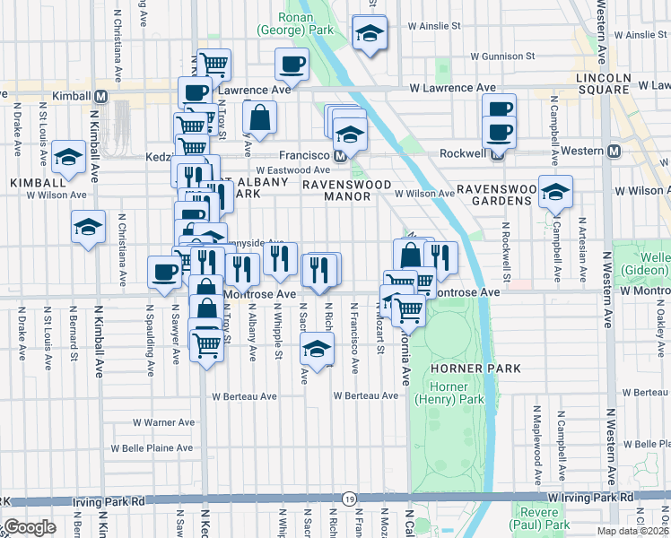 map of restaurants, bars, coffee shops, grocery stores, and more near 4443 North Richmond Street in Chicago