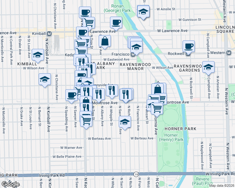 map of restaurants, bars, coffee shops, grocery stores, and more near 4442 North Sacramento Avenue in Chicago