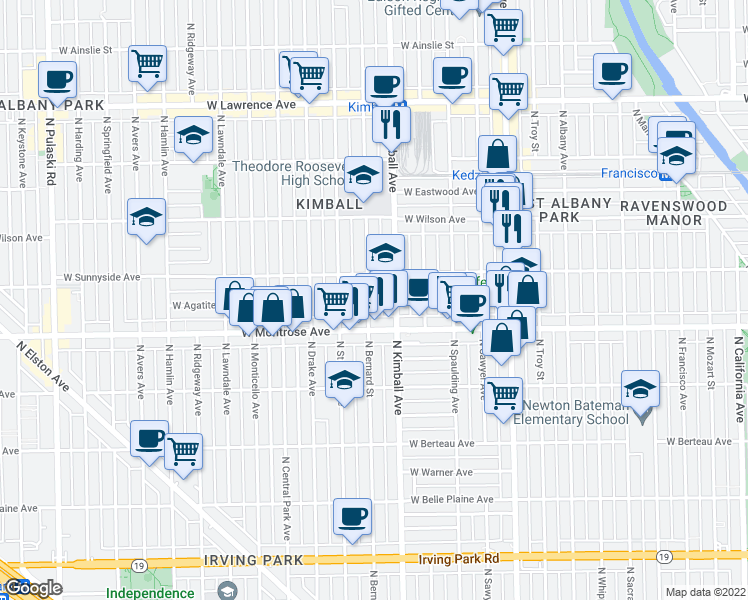 map of restaurants, bars, coffee shops, grocery stores, and more near 4445 North Bernard Street in Chicago