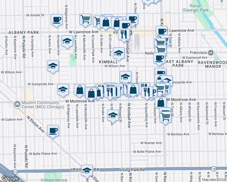 map of restaurants, bars, coffee shops, grocery stores, and more near 4449 North Saint Louis Avenue in Chicago