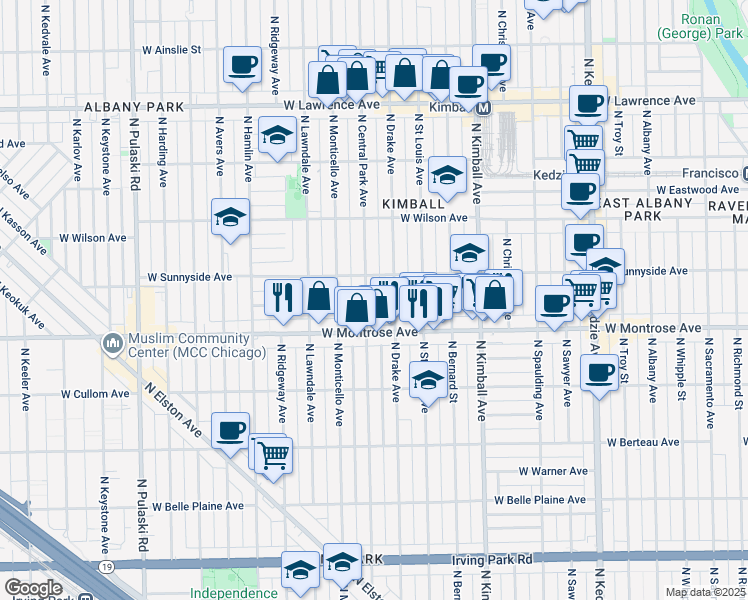 map of restaurants, bars, coffee shops, grocery stores, and more near 4446 North Drake Avenue in Chicago