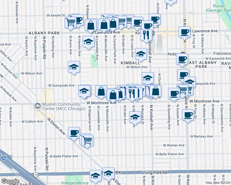 map of restaurants, bars, coffee shops, grocery stores, and more near 4446 North Central Park Avenue in Chicago