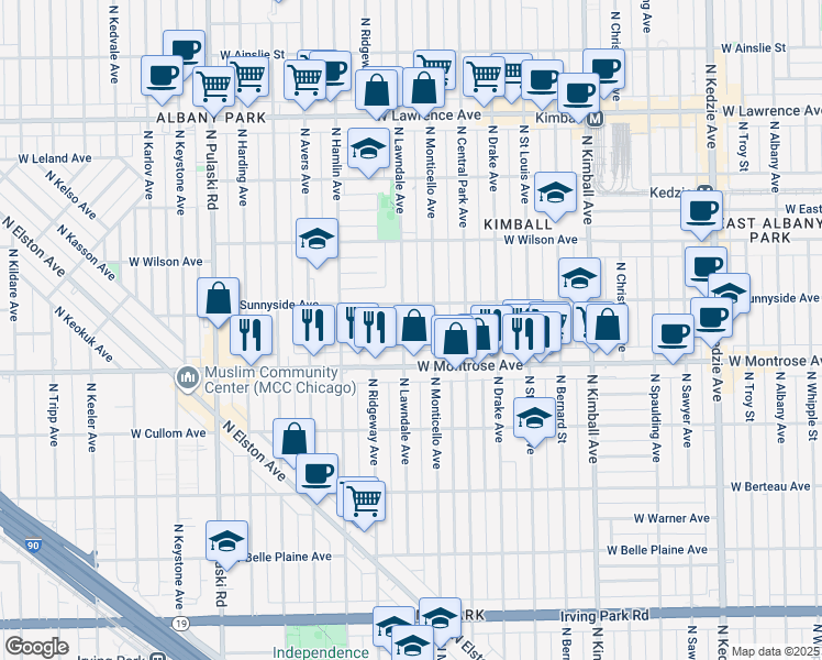 map of restaurants, bars, coffee shops, grocery stores, and more near 3651 West Sunnyside Avenue in Chicago