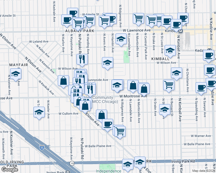 map of restaurants, bars, coffee shops, grocery stores, and more near 4452 North Avers Avenue in Chicago