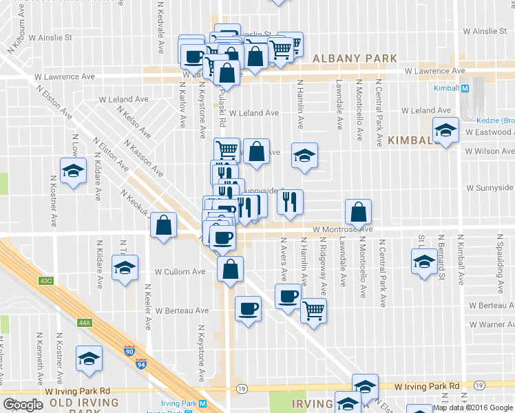map of restaurants, bars, coffee shops, grocery stores, and more near 4453 North Harding Avenue in Chicago