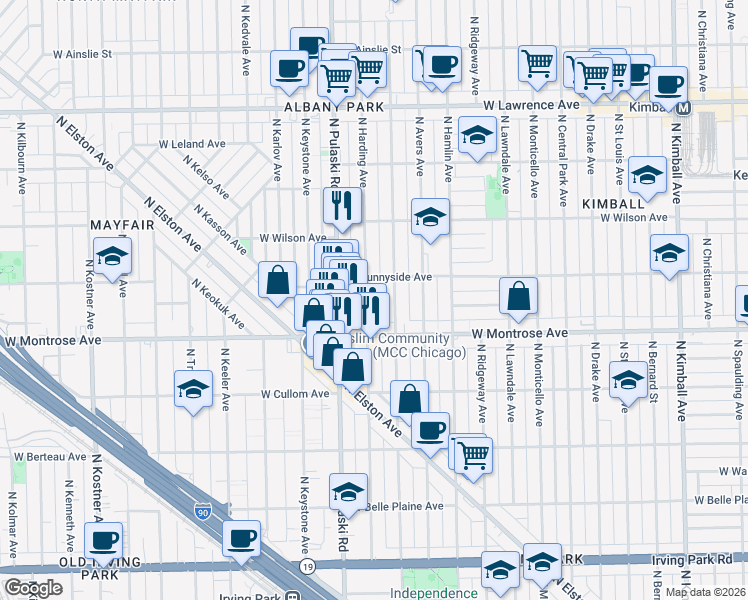 map of restaurants, bars, coffee shops, grocery stores, and more near 4453 North Harding Avenue in Chicago