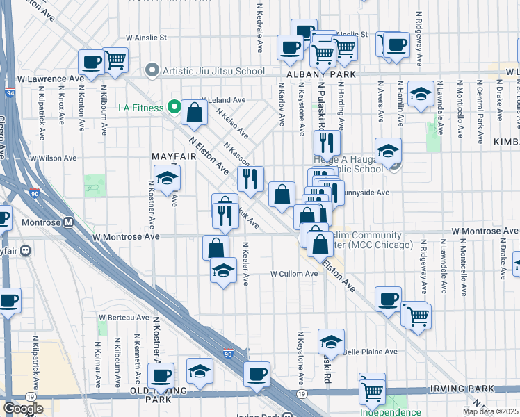 map of restaurants, bars, coffee shops, grocery stores, and more near 4500 North Elston Avenue in Chicago