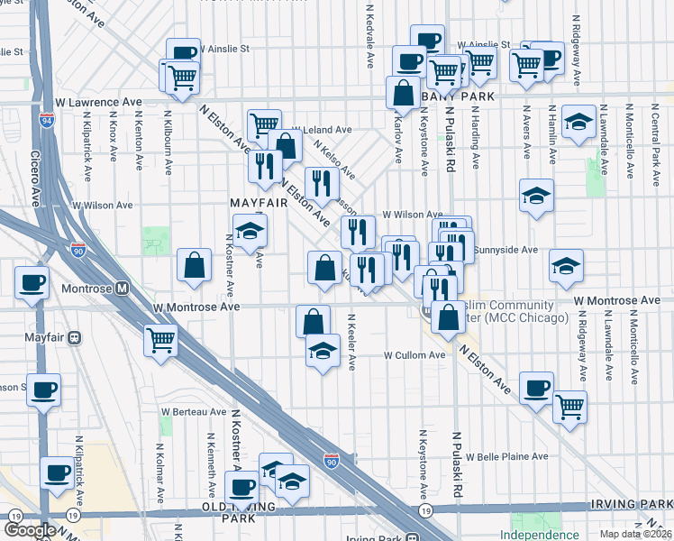 map of restaurants, bars, coffee shops, grocery stores, and more near 4473 North Keokuk Avenue in Chicago