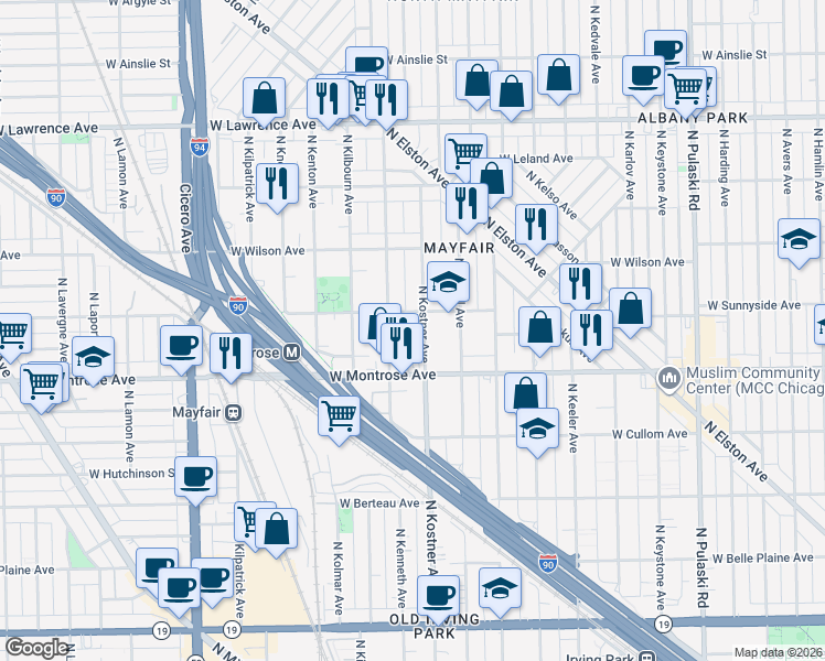 map of restaurants, bars, coffee shops, grocery stores, and more near 4457 North Kenneth Avenue in Chicago