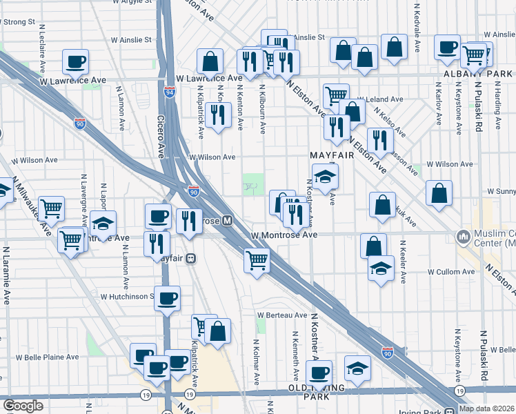 map of restaurants, bars, coffee shops, grocery stores, and more near 4455 North Kilbourn Avenue in Chicago