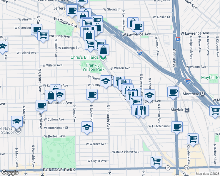 map of restaurants, bars, coffee shops, grocery stores, and more near 5152 West Sunnyside Avenue in Chicago