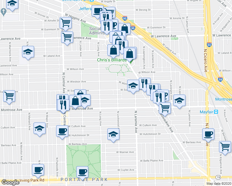 map of restaurants, bars, coffee shops, grocery stores, and more near 5311 West Sunnyside Avenue in Chicago