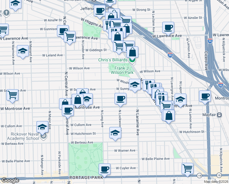 map of restaurants, bars, coffee shops, grocery stores, and more near 5311 West Sunnyside Avenue in Chicago