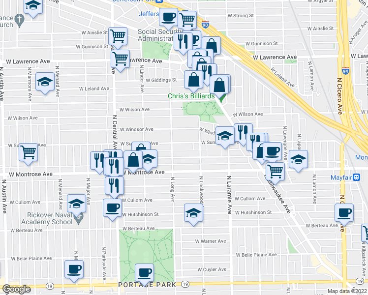 map of restaurants, bars, coffee shops, grocery stores, and more near 5350 West Sunnyside Avenue in Chicago