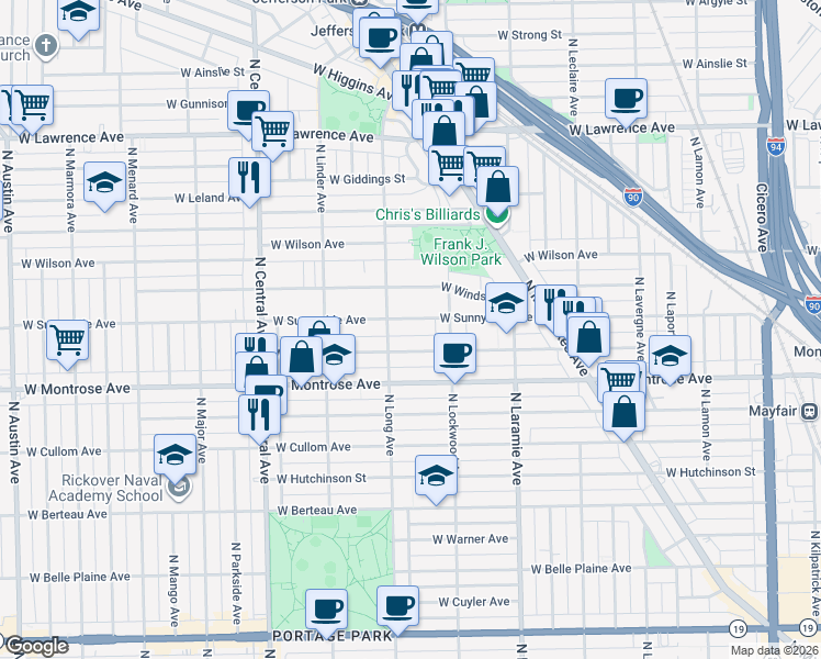 map of restaurants, bars, coffee shops, grocery stores, and more near 5350 West Sunnyside Avenue in Chicago