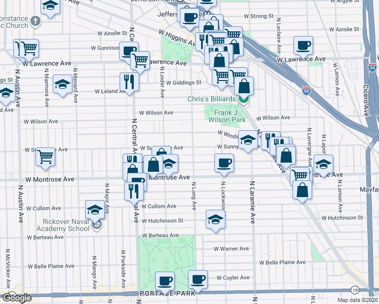 map of restaurants, bars, coffee shops, grocery stores, and more near 5350 West Sunnyside Avenue in Chicago